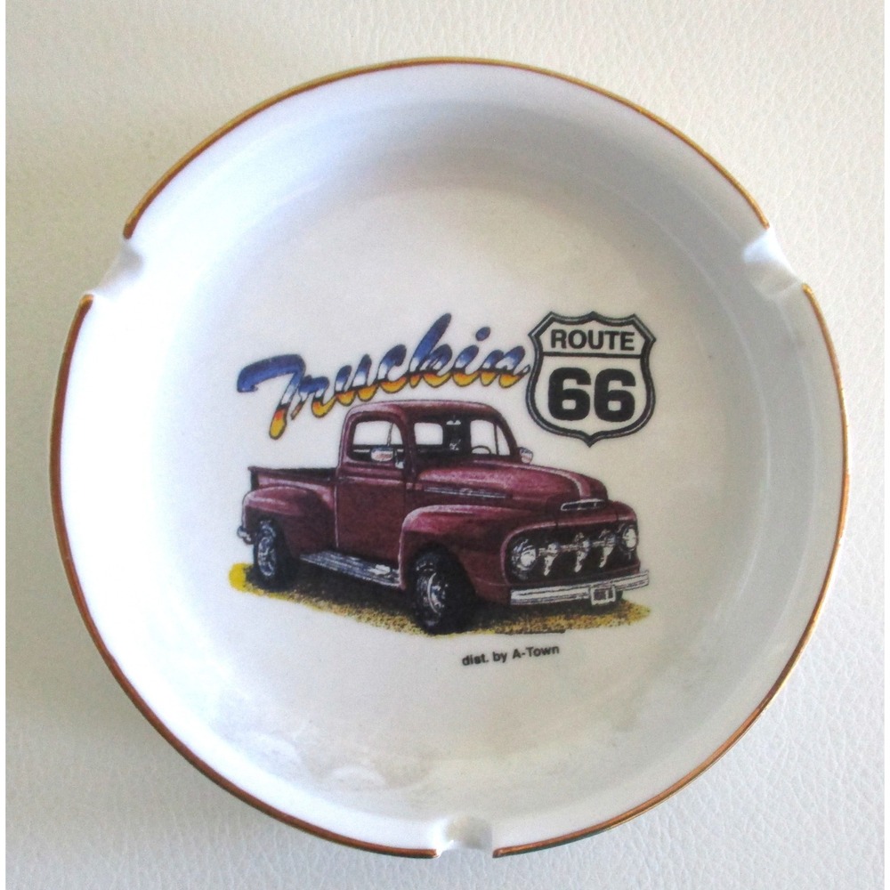 Vintage Linyi Silver Phoenix Truckin Route 66 Ceramic Ashtray Maroon Truck Gold